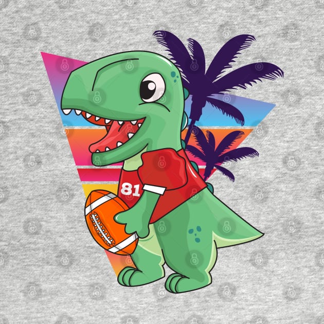 Cute green dinosaur playing American football, retro and palms background by WorldOfMine